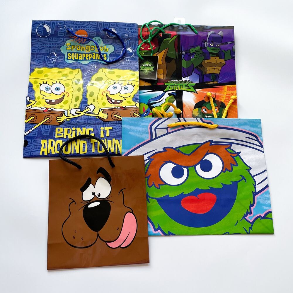 Four 90s and 00s Cartoon Character Gift Bags Scooby Spongebob Elmo Ninja Turtles